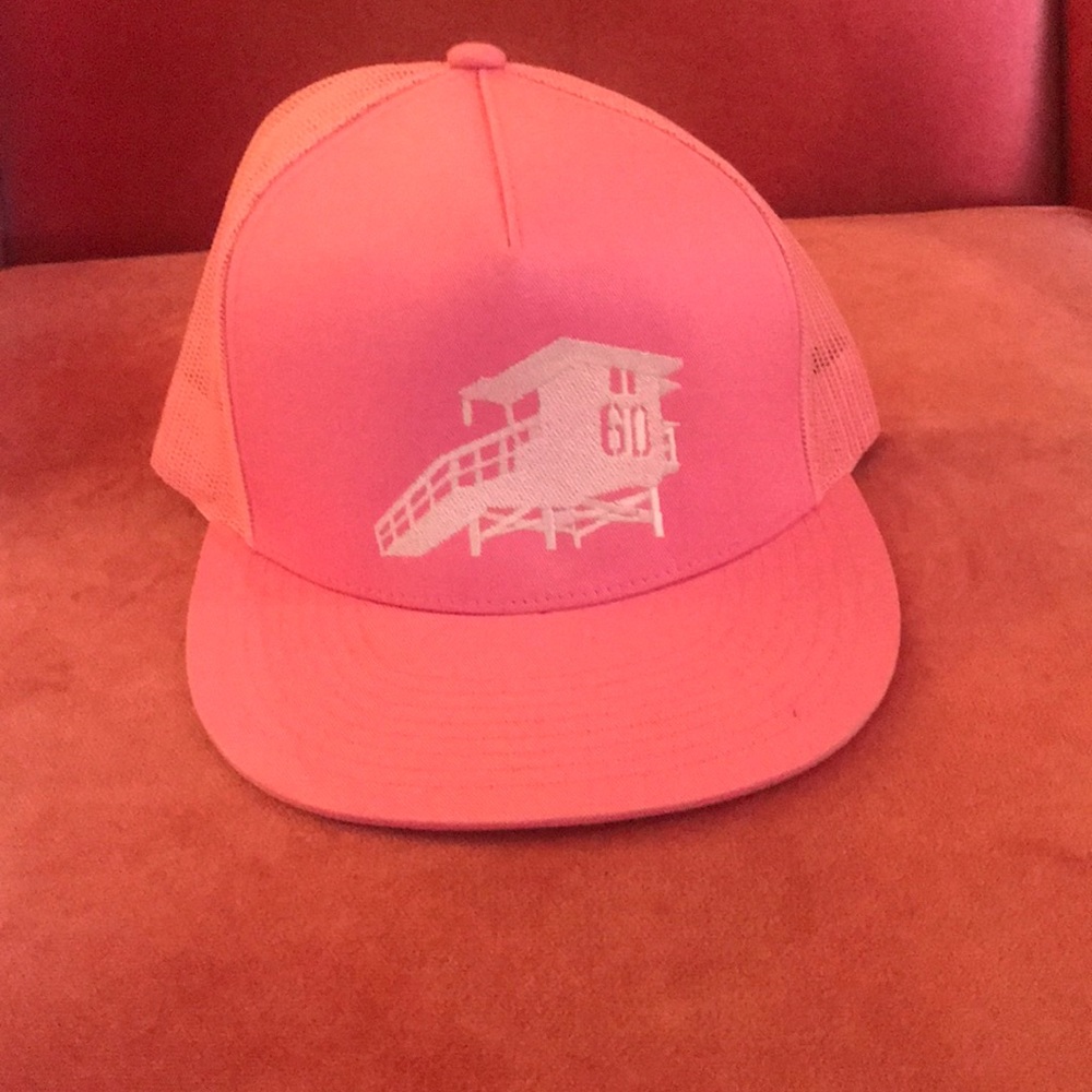 NWOT baby pink trucker hat with pier embroidery